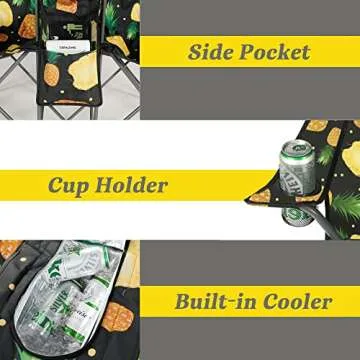 DOALBUN Double Portable Picnic Chair Folding Camping Chair W/Umbrella Table Beverage Holder Carrying Bag Cooler Fold Up Table for Patio Pool Park Outdoor Beach (Pineapple) (zc001)