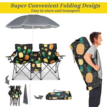 DOALBUN Double Portable Picnic Chair Folding Camping Chair W/Umbrella Table Beverage Holder Carrying Bag Cooler Fold Up Table for Patio Pool Park Outdoor Beach (Pineapple) (zc001)