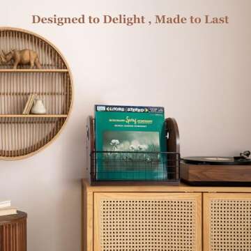 Jchccu Vinyl Record Storage, Album Storage for Vinyl Records, Vinyl Record Holder Crates for Vinyl, LP, Magazines, Wooden Record Holder Holds Up to 60 Records