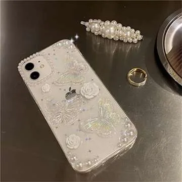 Fycyko Compatible for iPhone 15 3D Butterfly Floral Clear with Design Aesthetic Women Teen Girls Glitter Pretty Crystal Sparkle Sparkly Cute Girly Phone Cases Protective Cover+Pearl Chain-Clear