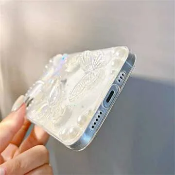 Fycyko Compatible for iPhone 15 3D Butterfly Floral Clear with Design Aesthetic Women Teen Girls Glitter Pretty Crystal Sparkle Sparkly Cute Girly Phone Cases Protective Cover+Pearl Chain-Clear