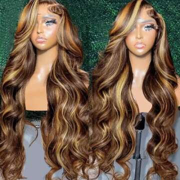 SPOU Highlight Ombre 13x6 Lace Front Wig Human Hair 28 Inch Body Wave Honey Blonde Glueless HD Trans...