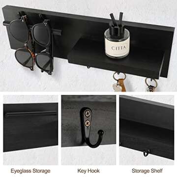 Lucundm Key Holder for Wall, Decorative Entryway Shelf with Hooks Holds Keys, Dog Leash, Sunglasses – Key Hanger with 3 Hooks Organizes, Enhances Home Decor (15” x 4.5” x 2.6”) (Black)