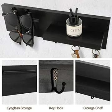 Lucundm Key Holder for Wall, Decorative Entryway Shelf with Hooks Holds Keys, Dog Leash, Sunglasses – Key Hanger with 3 Hooks Organizes, Enhances Home Decor (15” x 4.5” x 2.6”) (Black)