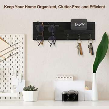 Lucundm Key Holder for Wall, Decorative Entryway Shelf with Hooks Holds Keys, Dog Leash, Sunglasses – Key Hanger with 3 Hooks Organizes, Enhances Home Decor (15” x 4.5” x 2.6”) (Black)