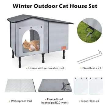 Heated Outdoor Cat House for Winter, Weatherproof Insulated Oxford Cloth & Elevated Large Outdoor Feral Cat House with Pet Heating Pad Bed, Outside Cat House for Stray Barn Cats