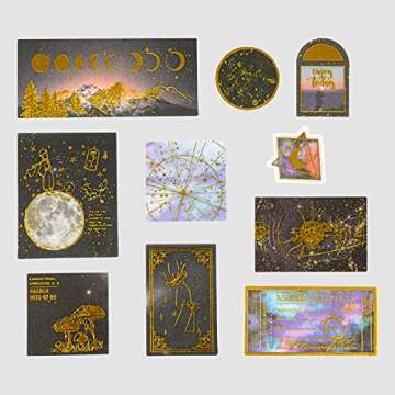 Knaid Celestial Black Gold Foil Stickers Set (60 Pieces) - Decorative Planet Moon Space Galaxy Astronomy Planner Sticker for Scrapbooking Bullet Journaling Junk Journal DIY Art Crafts Album Calendars