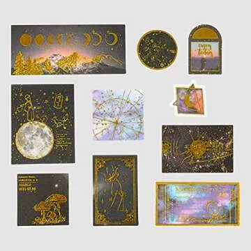 Knaid Celestial Black Gold Foil Stickers Set (60 Pieces) - Decorative Planet Moon Space Galaxy Astronomy Planner Sticker for Scrapbooking Bullet Journaling Junk Journal DIY Art Crafts Album Calendars