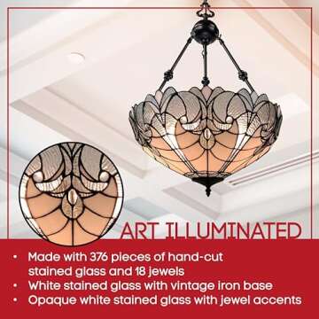 Tiffany Style Hanging Lamp Jeweled Chandelier 18" Wide Stained Glass White Antique Vintage Light Dec...