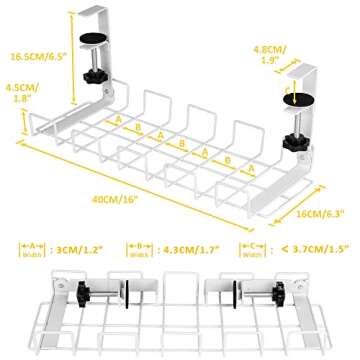 2 Pack Cable Management Tray, 16" Upgraded Under Desk No Drill Cord Foldable Clamp Organizer for Wire Metal Holder Ideal for Computer Home Office Standing Tables to Hide Power Strips (White)