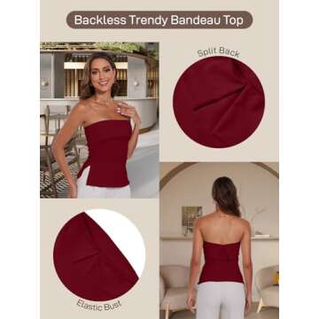 Strapless Tube Tops for Women Backless Going Out Bandeau Top Sexy Trendy Off Shoulder Side Split Summer Bustier Tops Red