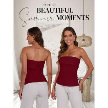 Strapless Tube Tops for Women Backless Going Out Bandeau Top Sexy Trendy Off Shoulder Side Split Summer Bustier Tops Red