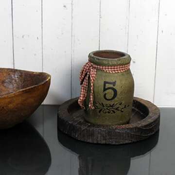 CVHOMEDECO. Primitives Solid Wood Decorative Plate Vintage Round Hand Carved Wooden Candle Plate Rustic Treenware Home and Office Décor Art, Dia. 8 Inch