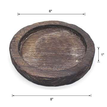 CVHOMEDECO. Primitives Solid Wood Decorative Plate Vintage Round Hand Carved Wooden Candle Plate Rustic Treenware Home and Office Décor Art, Dia. 8 Inch