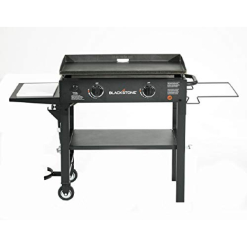 Blackstone 1853 Flat Top Gas Grill 2 Burner Propane Fuelled Rear Grease Management System 28” Outdoor Griddle Station for Camping with Built in Cutting Board and Garbage Holder, 28 Inch, Black