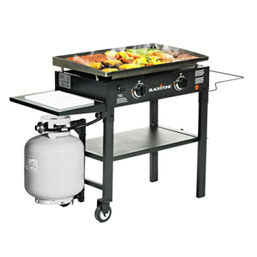 Blackstone 1853 Flat Top Gas Grill 2 Burner Propane Fuelled Rear Grease Management System 28” Outdoor Griddle Station for Camping with Built in Cutting Board and Garbage Holder, 28 Inch, Black