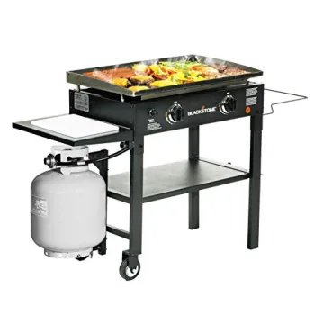 Blackstone 1853 Flat Top Gas Grill 2 Burner Propane Fuelled Rear Grease Management System 28” Outdoor Griddle Station for Camping with Built in Cutting Board and Garbage Holder, 28 Inch, Black
