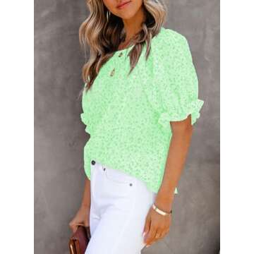Dokotoo 2025 Summer Tops for Women Crew Neck Smocked Short Puff Sleeve Cute Boho Flowy Mini Tunic Blouses Cute Babydoll Floral Printed Blouses and Shirts for Juniors Light Green S