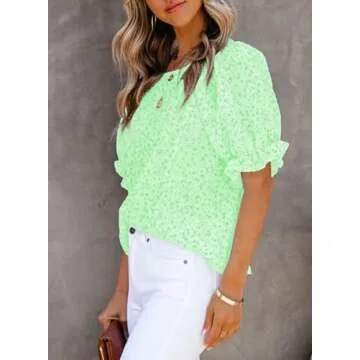 Dokotoo 2025 Summer Tops for Women Crew Neck Smocked Short Puff Sleeve Cute Boho Flowy Mini Tunic Blouses Cute Babydoll Floral Printed Blouses and Shirts for Juniors Light Green S