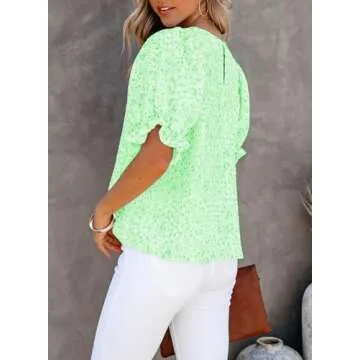 Dokotoo 2025 Summer Tops for Women Crew Neck Smocked Short Puff Sleeve Cute Boho Flowy Mini Tunic Blouses Cute Babydoll Floral Printed Blouses and Shirts for Juniors Light Green S