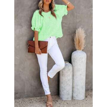 Dokotoo 2025 Summer Tops for Women Crew Neck Smocked Short Puff Sleeve Cute Boho Flowy Mini Tunic Blouses Cute Babydoll Floral Printed Blouses and Shirts for Juniors Light Green S