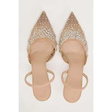 ATBELL Women's Mesh Slingback Heels Pointed Toe Sparkly Rhinestone Kitten Heel Pumps Slip On Wedding Party Shoes