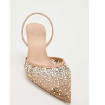 ATBELL Women's Mesh Slingback Heels Pointed Toe Sparkly Rhinestone Kitten Heel Pumps Slip On Wedding Party Shoes