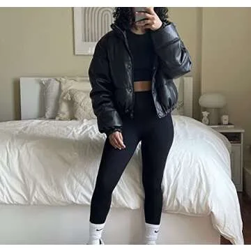 PEHMEA Women's Faux Leather Puffer Jacket Winter Long Sleeve Baggy Short Bubble Coat(Black-L)