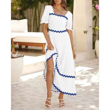 BTFBM Women 2025 Summer Square Neck Short Puff Sleeve Dress Casual RIic Rac Tie Back Smocked Wedding...