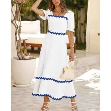 BTFBM Women 2025 Summer Square Neck Short Puff Sleeve Dress Casual RIic Rac Tie Back Smocked Wedding Guest Maxi Dresses(Solid White Blue, Medium)