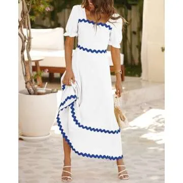 BTFBM Women 2025 Summer Square Neck Short Puff Sleeve Dress Casual RIic Rac Tie Back Smocked Wedding Guest Maxi Dresses(Solid White Blue, Medium)