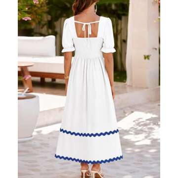 BTFBM Women 2025 Summer Square Neck Short Puff Sleeve Dress Casual RIic Rac Tie Back Smocked Wedding Guest Maxi Dresses(Solid White Blue, Medium)