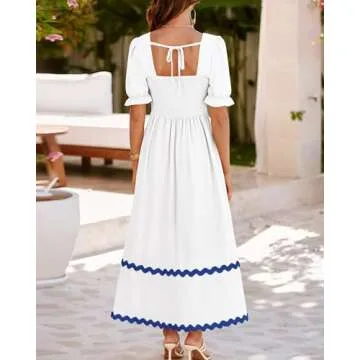BTFBM Women 2025 Summer Square Neck Short Puff Sleeve Dress Casual RIic Rac Tie Back Smocked Wedding Guest Maxi Dresses(Solid White Blue, Medium)