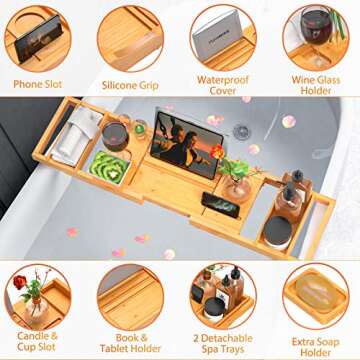 Bamboo Expandable Bathtub Caddy Tray for Bath Tub Wooden Adjustable for Luxury and Relaxing with Wine Glass Holder, Reading Slot by FURNINXS