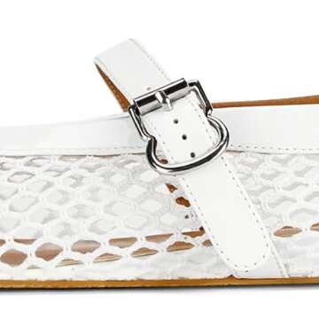 Stylish DOEYG Women's White Mesh Ballet Flats with Buckle Strap