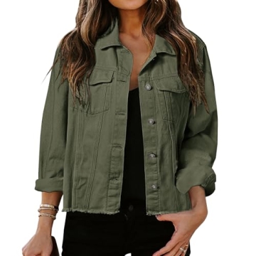 LONGBIDA Women's Jean Jacket Frayed Washed Button Up Cropped Denim Jacket With Pockets(Navy Green,M)