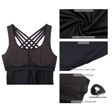 icyzone Yoga Tops Workouts Clothes Activewear Built in Bra Tank Tops for Women (S, Black)