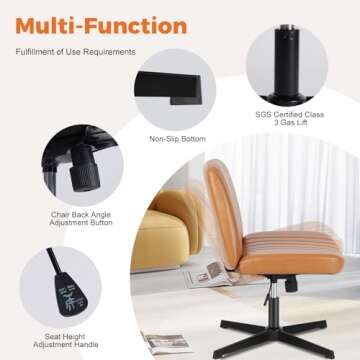 Sweetcrispy Cross Legged Office Chair, Criss Cross Chair Armless Wide Desk Chair No Wheels, Adjustable Swivel Home Office Vanity Chair