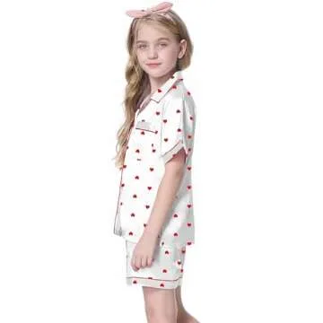 Schbbbta Satin Pajamas for Womens, Silk Pajamas 2 Pcs Button Down Sleepwear Short Sleeve Loungewear Outfit for Womens, Heart White, US XS