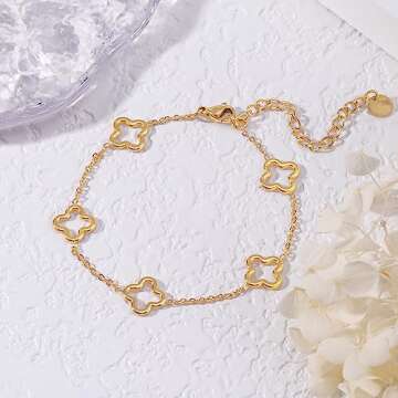 YADUDA Dainty Shell Four Leaf Clover Bracelet Tiny Cute Van Leef Clover Pendant bracelet for Women 18K Gold Plated Stainless Steel Lucky 4 Leaf Pendant Jewelry