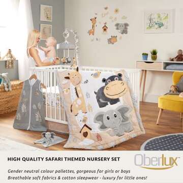 OBERLUX Crib Bedding Set for Boys and Girls, 8 Piece Baby Nursery Bedding Crib Set, Jungle Animal Safari Theme, Gray/Tan/White