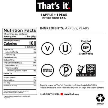 That's It. Gluten-Free Apple + Pear Fruit Bars, 14.4 Ounce, 12 Bars, No Preservatives, No Added Suga...