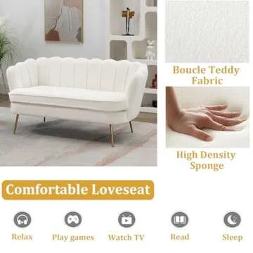 NNOOTK Boucle Teddy Fabric Small Loveseat Sofa with Gold Metal Legs, 59” Modern 2 Seater Sofa with Flower Backrest, Couch for Living Room Bedroom Office (Ivory White)