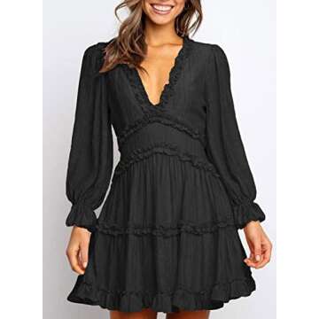 Happy Sailed Womens Dresses 2024 Deep V Neck Long Lantern Sleeve Ruffle Tiered High Waist A Line Skater Chiffon Swing Mini Dress for Date Night Party Large Black