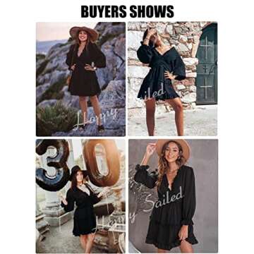 Happy Sailed Womens Dresses 2024 Deep V Neck Long Lantern Sleeve Ruffle Tiered High Waist A Line Skater Chiffon Swing Mini Dress for Date Night Party Large Black