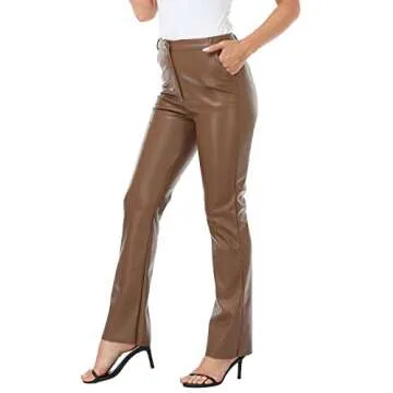 HDE Women's Faux Leather Pants High Waisted Straight Leg Trousers with Pockets Brown - L