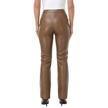 HDE Women's Faux Leather Pants High Waisted Straight Leg Trousers with Pockets Brown - L