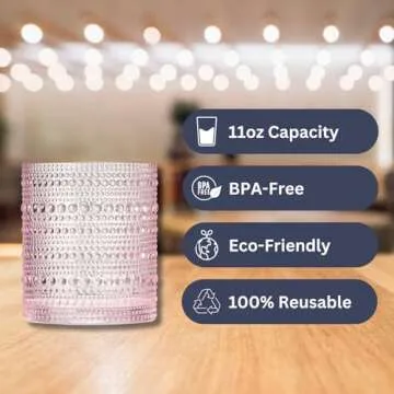 Khen Hobnail Beaded Highball Drinking Tumbler Glasses | Set of 6 | Pastel Pink Color, Vintage Bubble Design Whiskey Glassware, Rocks Glasses