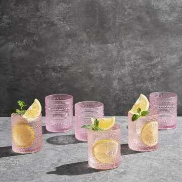 Khen Hobnail Beaded Highball Drinking Tumbler Glasses | Set of 6 | Pastel Pink Color, Vintage Bubble Design Whiskey Glassware, Rocks Glasses