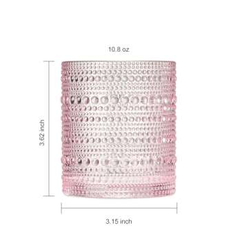 Khen Hobnail Beaded Highball Drinking Tumbler Glasses | Set of 6 | Pastel Pink Color, Vintage Bubble Design Whiskey Glassware, Rocks Glasses